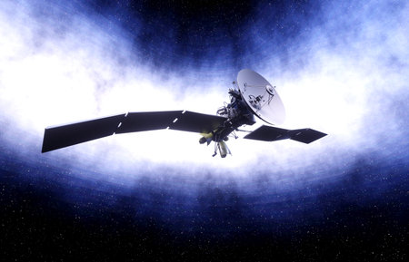 Satellite in space. view of the earth. Sunrise. 3d rendering.