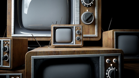 heaps of retro, antique tv in dark room. 3d rendering.の写真素材
