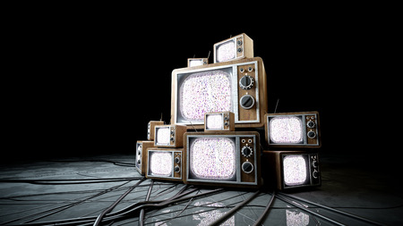 heaps of retro, antique tv in dark room. 3d rendering.の写真素材