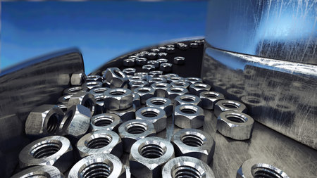 Process of production of nuts, screws. Industrial concept. Factory equipment and macine. Steel. 3d...