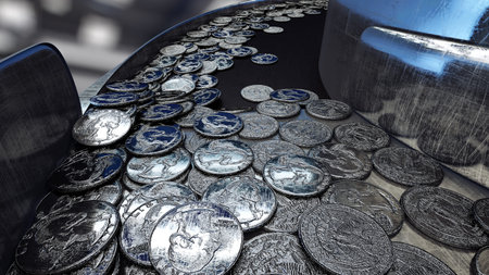 Process of production of coins, 25 cents. Industrial concept. Factory equipment and macine. 3d rendering.の写真素材