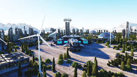 futuristic city, town. Architecture of the future. Aerial view. 3d rendering.の写真素材