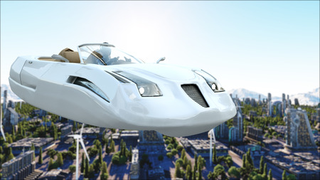 futuristic car flying over the city, town. Transport of the future. Aerial view. 3d rendering.の写真素材