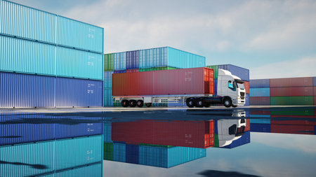 Truck in container depot, wharehouse, seaport. Cargo containers. Logistic and business concept. 3d rendering.の写真素材