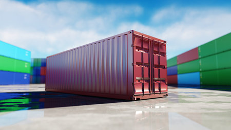 Container depot, wharehouse, seaport. Aeril view. Cargo containers. Logistic and business concept. 3d rendering.の写真素材