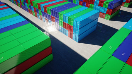 Container depot, wharehouse, seaport. Aeril view. Cargo containers. Logistic and business concept....