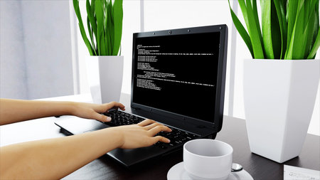 hands on keyboard. Workspace. Office work concept, 3d rendering.
