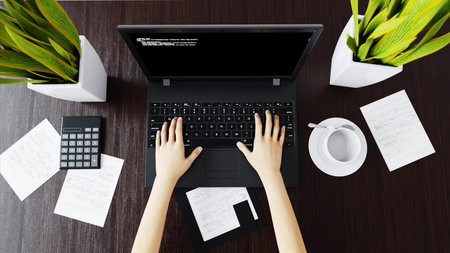 hands on keyboard. Workspace. Office work concept, 3d rendering.