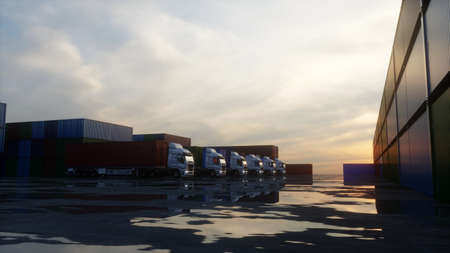 Truck in container depot, wharehouse, seaport. Cargo containers. Logistic and business concept. 3d rendering.の写真素材