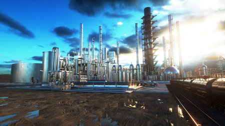 Refinery. Oil, petrolium plant. Metal Pipe. 3d rendering.の写真素材