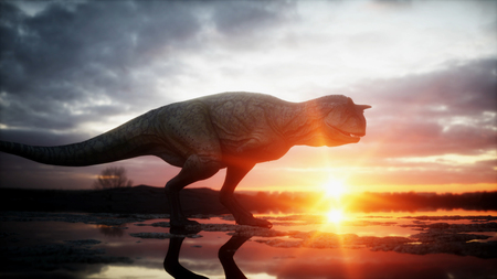 Dinosaur. Prehistoric period, rocky landscape. Wonderfull sunrise. 3d rendering.の写真素材