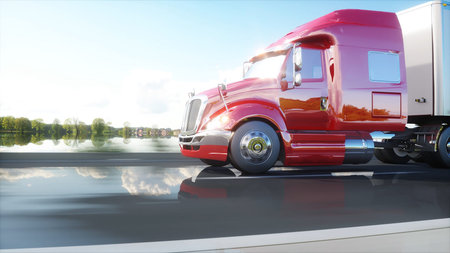 semi trailer, Truck on the road, highway. Transports, logistics concept. 3d rendering.の写真素材