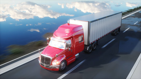 semi trailer, Truck on the road, highway. Transports, logistics concept. 3d rendering.の写真素材