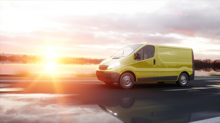Yellow delivery van on highway. Very fast driving. Transport and logistic concept. 3d rendering.の写真素材