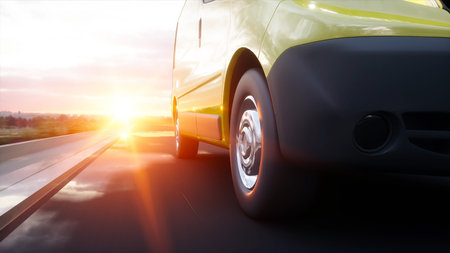 Yellow delivery van on highway. Very fast driving. Transport and logistic concept. 3d rendering.の写真素材