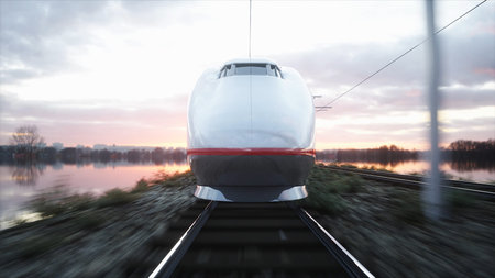 Electric passenger train. Very fast driving. journey and travel concept. 3d rendering.