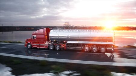 Gasoline tanker, Oil trailer, truck on highway. Very fast driving. 3d rendering.の写真素材