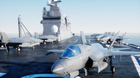Jet f35, fighter on aircraft carrier in sea, ocean . War and weapon concept. 3d rendering.