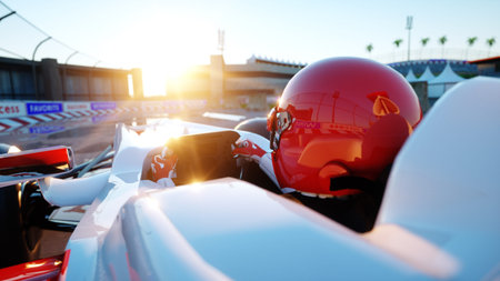 Racer of formula 1 in a racing car. Race and motivation concept. Wonderfull sunset. 3d rendering.の写真素材