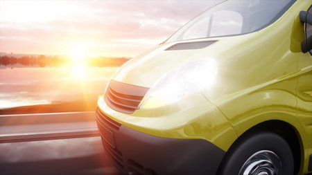 Yellow delivery van on highway. Very fast driving. Transport and logistic concept. 3d rendering.の写真素材