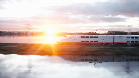 Electric passenger train. Very fast driving. journey and travel concept. 3d rendering.