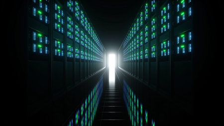 interior of server room in datacenter with 3d rendering