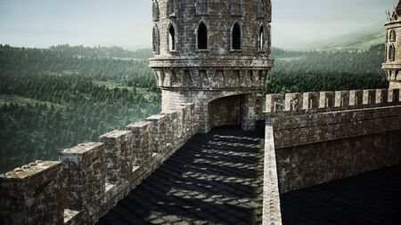Old fairytale castle on the hill. aerial view. 3d renderingの写真素材