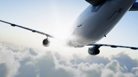 Passenger airbus flying in the clouds. Travel concept. 3d rendering.