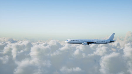 Passenger airbus flying in the clouds. Travel concept. 3d rendering.の写真素材