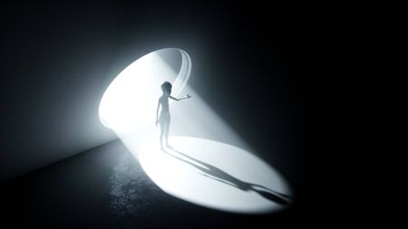 Alien in Futuristic room with round window. Volumetric light. Future ufo concept. 3D Rendering.の写真素材