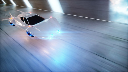 futuristic flying car fast driving in sci fi tunnel, coridor. Concept of future. 3d rendering.