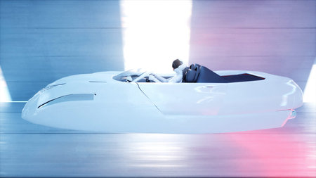 futuristic flying car with woman fast driving in sci fi tunnel, coridor. Concept of future. 3d rendering.の写真素材