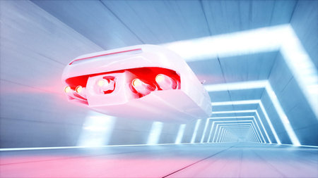 futuristic flying car with woman fast driving in sci fi tunnel, coridor. Concept of future. 3d rendering.の写真素材