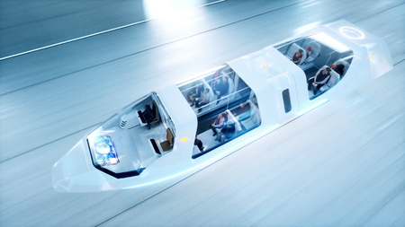 futuristic flying bus with peoples fast driving in sci fi tunnel, coridor. Concept of future. 3d rendering.の写真素材