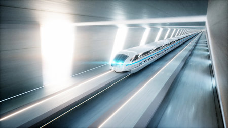 futuristic modern train, monorail fast driving in sci fi tunnel, coridor. Concept of future. 3d...