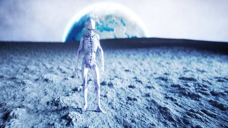 Alien on planet, moon. Earth on backgound. UFO. 3d rendering.の写真素材