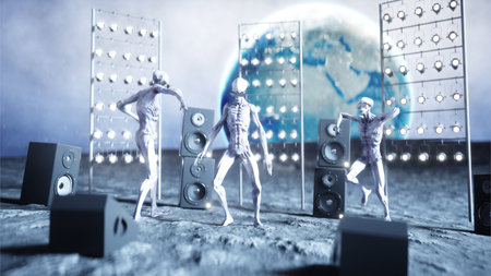 funny aliens dancing on the moon. UFO concept. Earth on background. Space party. 3d rendering.の写真素材