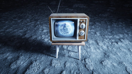 old wooden vintage TV on the moon. Earth background. Space concept. Broadcast. 3d rendering.