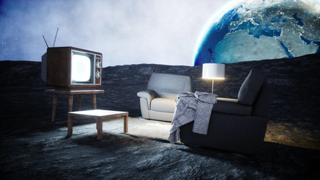 Living room on the moon. Live on the moon concept. Earth background. 3d rendering.の写真素材