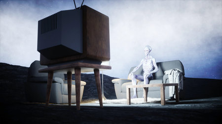 funny alien watching TV on the sofa on the moon. Living on the moon concept. Earth background. 3d rendering.の写真素材