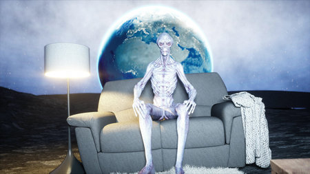 funny alien watching TV on the sofa on the moon. Living on the moon concept. Earth background. 3d rendering.の写真素材