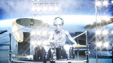 Alien rock party on space ship. Concert. Guitar, bass and drum play. Earth background. Alien funny...