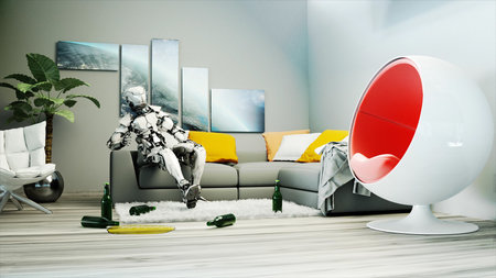 Robot sit on sofa. Relax. Concept of future. 3d rendering.