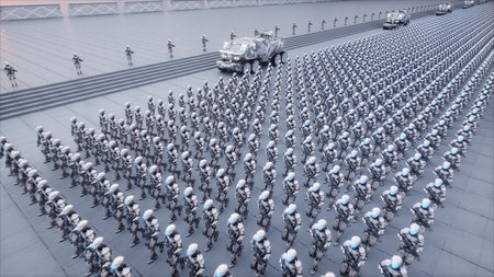 invasion of military robots. Dramatic apocalypse super realistic concept. Future. 3d rendering.