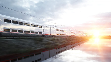 Electric passenger train. Very fast driving. journey and travel concept. 3d rendering.