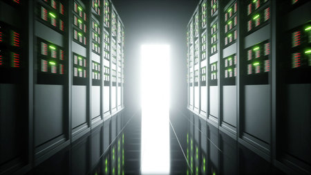 interior of server room in datacenter. 3d rendering.