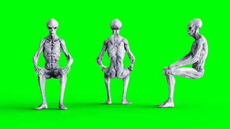 Alien isolate on green screen. UFO concept. Realistic 3d rendering.