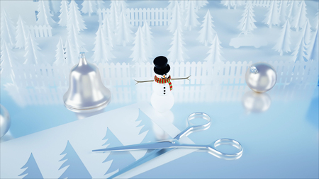 Paper city on table. Happy new year and xmas concept. Snowman and presents. 3d rendering.の写真素材