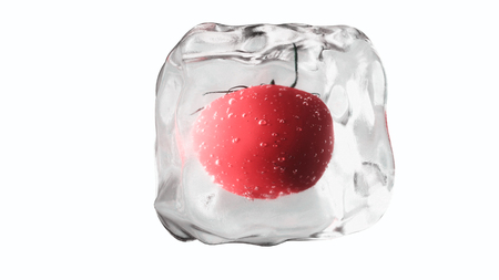 Tomatoes in ice cubes. Food and broadcast concept. Realistic ice materials.の写真素材