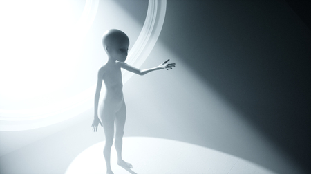 Alien in Futuristic room with round window. Volumetric light. Future ufo concept. 3D Rendering.の写真素材